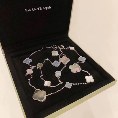 van cleef jewelry White Gold Magic Alhambra Long Necklace 16 Motifs With White And Gray Mother Of Pearl